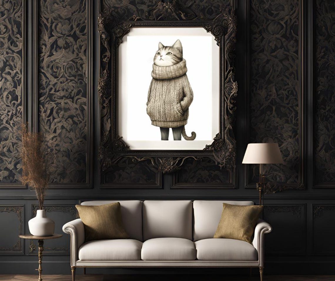 Tall Grey Cat In Oversized Cream Cable Knit Sweater Funny Poster - Image 3