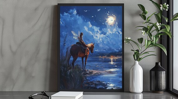 Enchanting Fairy Riding Horse By Moonlit Water Under Full Moon Night Poster