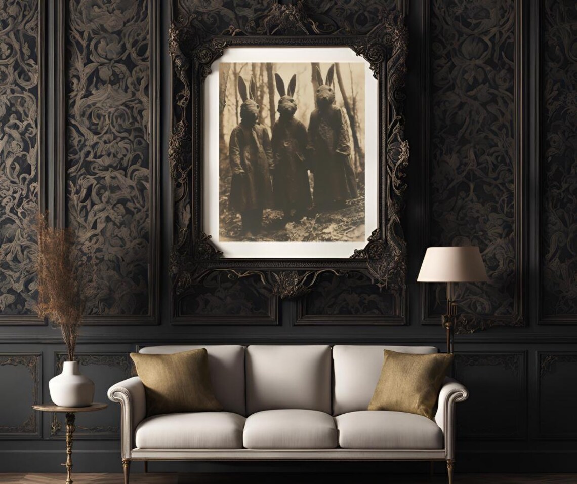 Creepy Rabbit Masked Figures Vintage Forest Photo Style Art Poster - Image 3