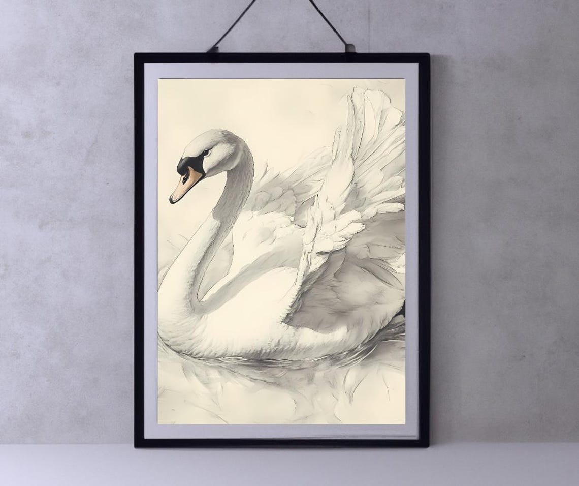 Elegant White Swan Sepia Sketch In Vintage Drawing Style Poster