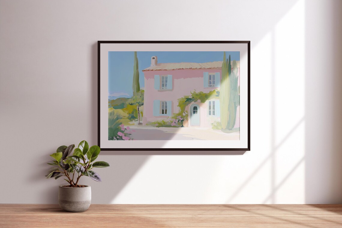 Pink Mediterranean Villa Blue Shutters Cypress Trees Pastel Art Poster - Image 3