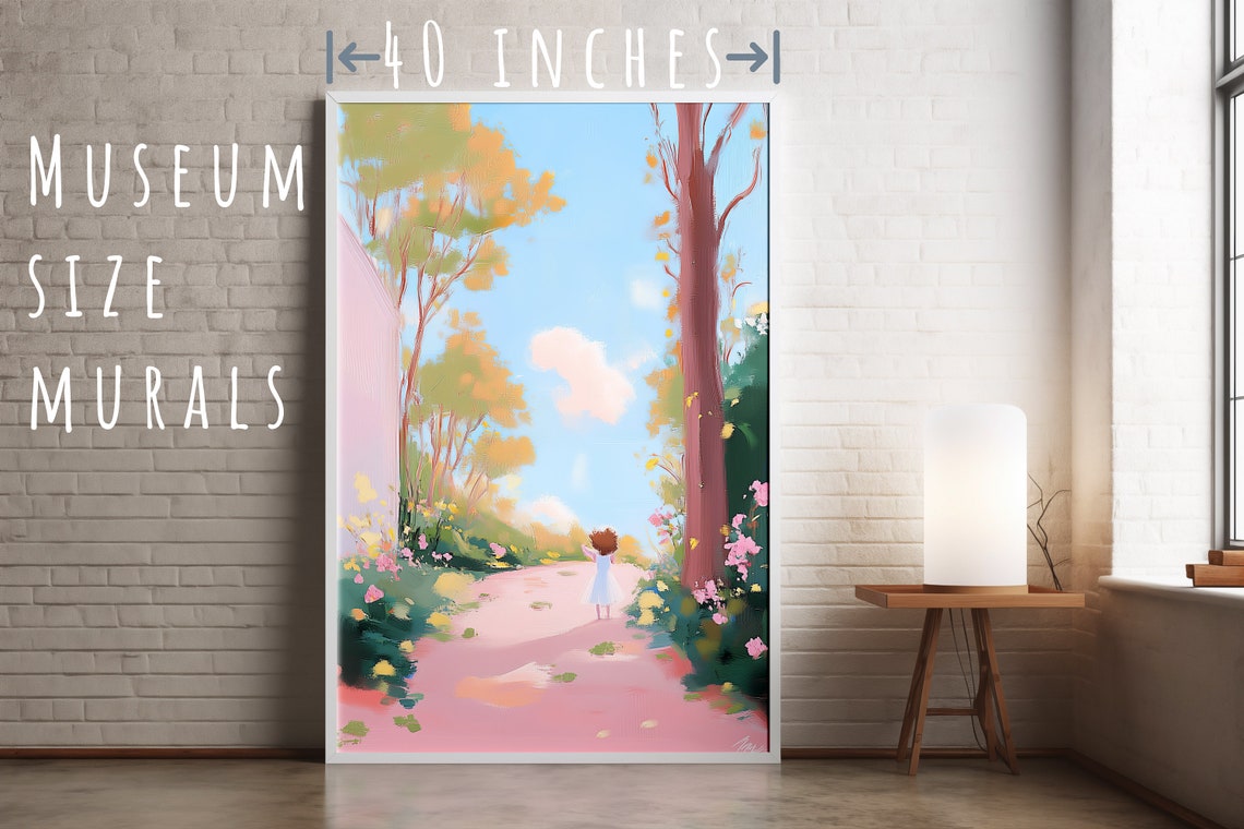 Little Girl Strolling Pink Flower Garden Path Pastel Art Poster - Image 5