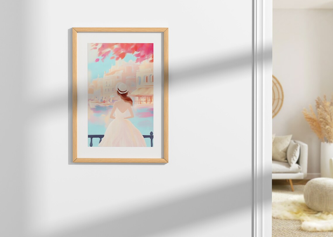 Woman in White Dress Overlooking a Canal City Summer Travel Art Poster - Image 2