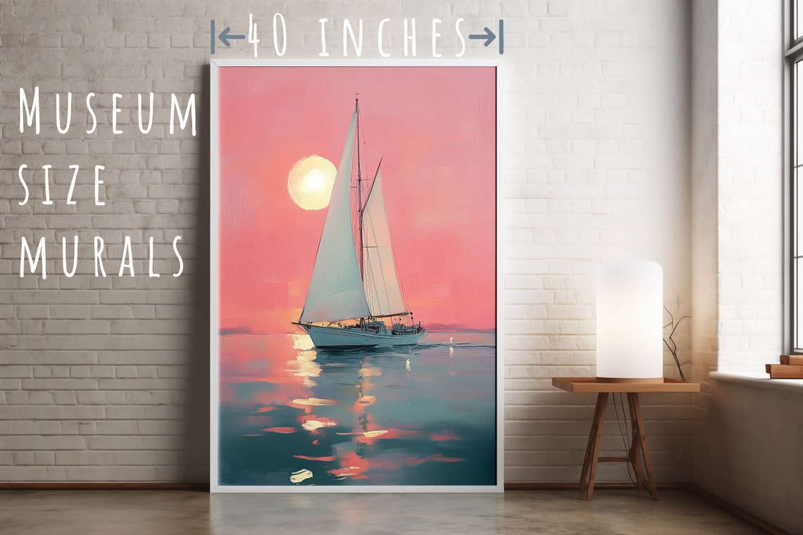Sailboat Gliding on a Pink Sunset Sea Nautical Coastal Wall Art Poster - Image 5