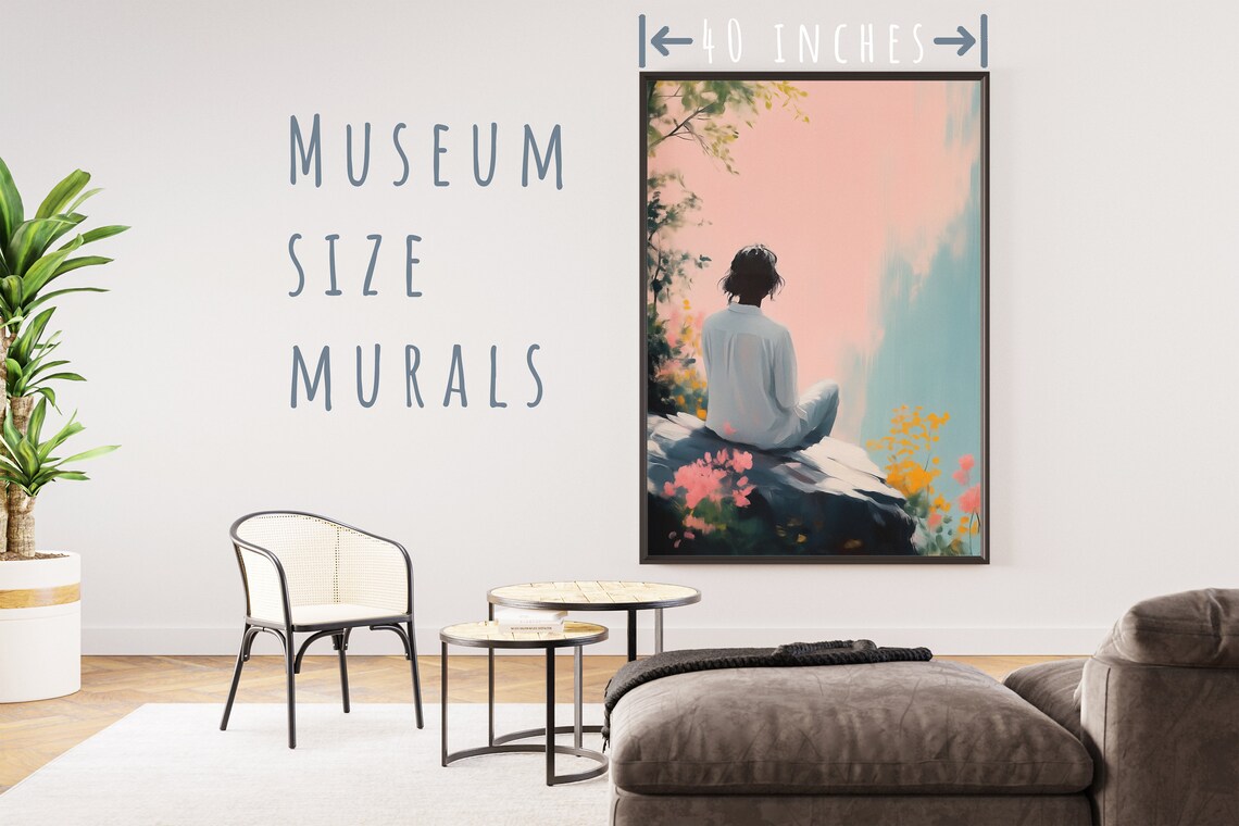 Woman Gazing at Pink Sky Waterfall Floral Pastel Dreamscape Print - Image 5
