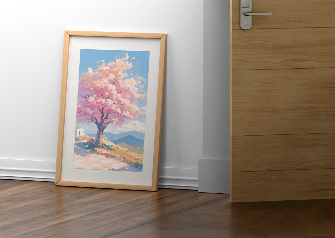 Cherry Blossom Tree Full Bloom Hill Overlooking Sea Mountains Spring Poster - Image 2