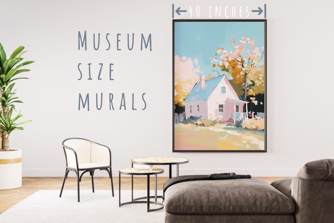 Pink Cottage With Blue Roof Cherry Blossoms Pastel Wall Art Print - Image 5
