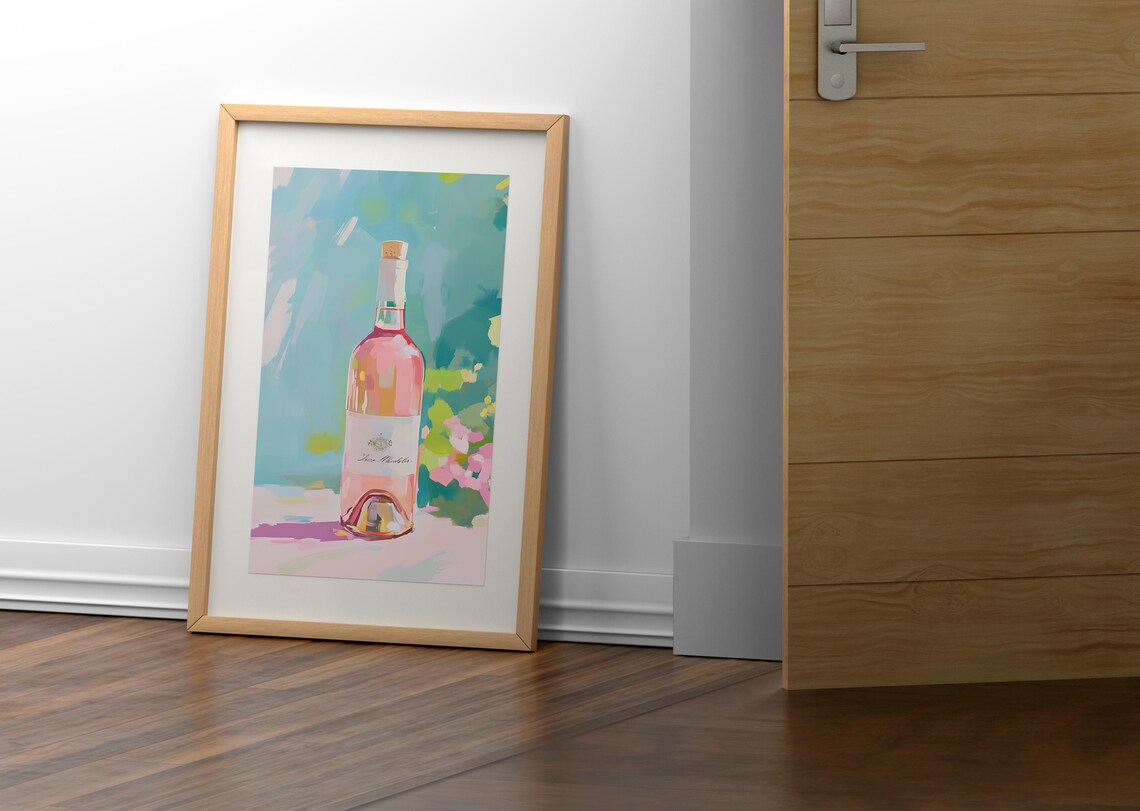 Bottle Of Pink Rose Wine With White Label Pastel Bar Cart Art Poster - Image 2