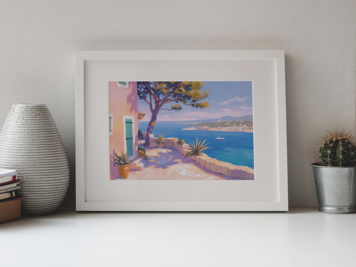 Mediterranean Coastal Terrace Pink Villa Pine Tree Blue Sea Poster - Image 4