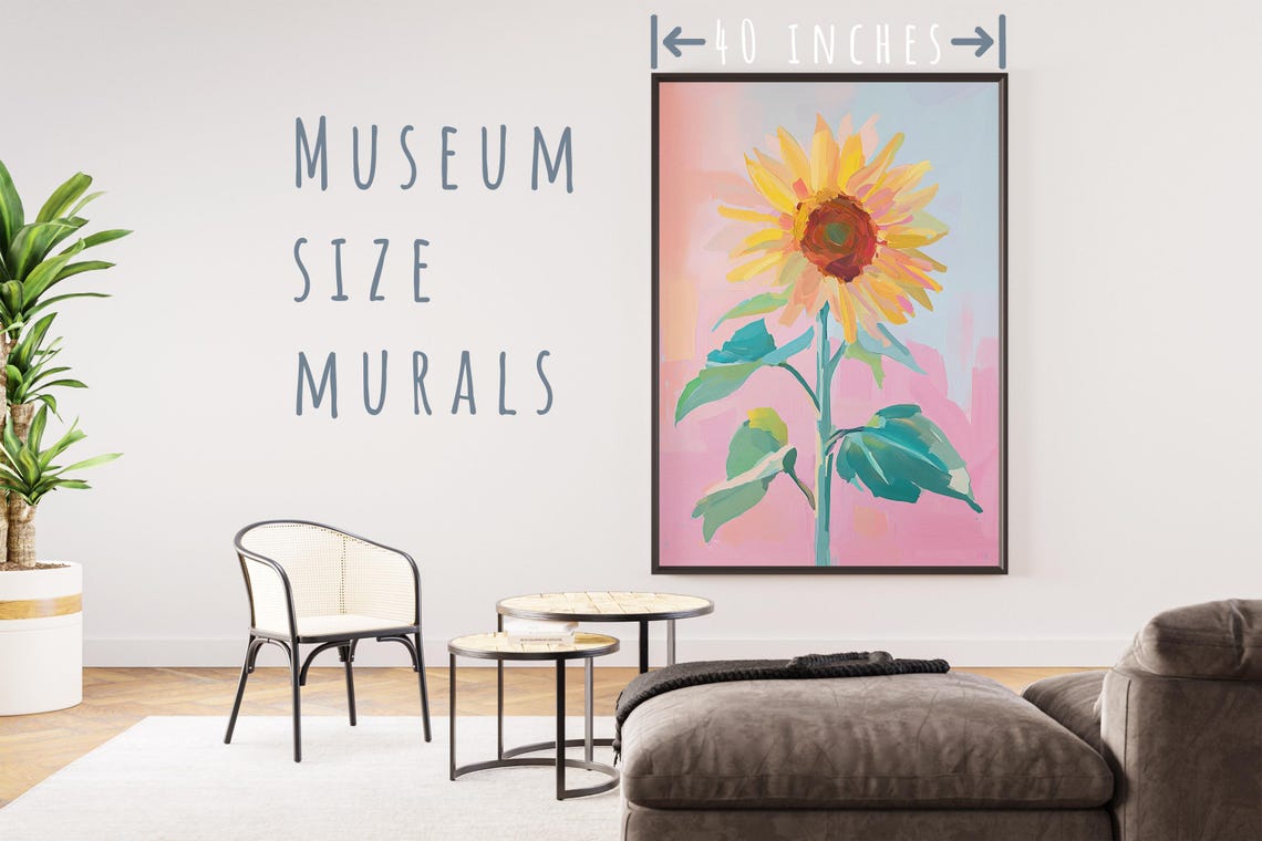 Tall Sunflower Bloom Pastel Painting Pink Background Cheerful Wall Art - Image 5