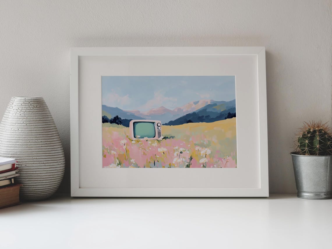 Pastel Tv In Nature Art Tv In Flowers Painting Soft Pastel Flowers Tv In Flowers Decor Pink Flower Painting Alps Watercolor Wall Art - Image 4