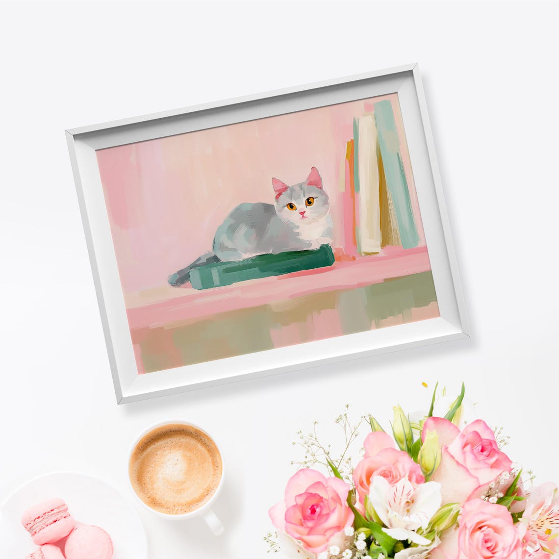 Gray Cat Sleeping On Green Book Cozy Library Cat Art Wall Print - Image 5