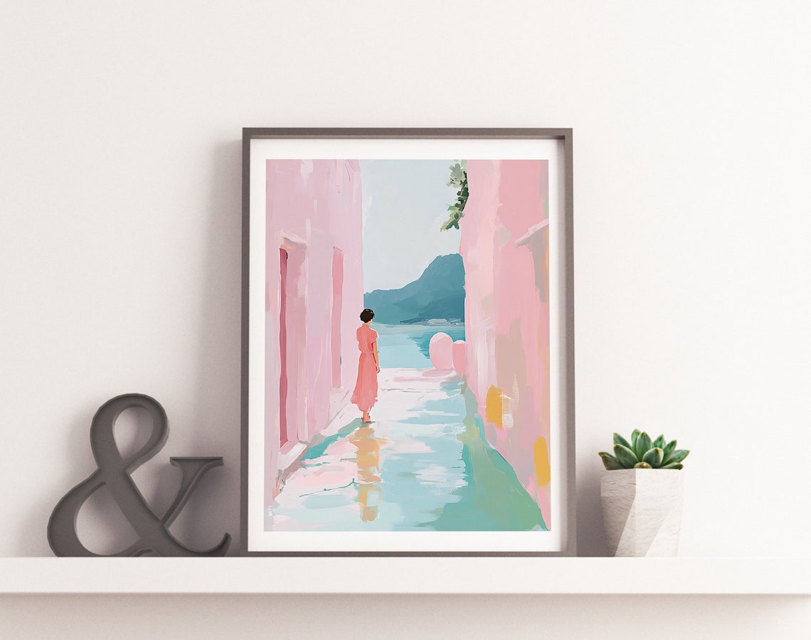 Woman Walking Pink Alley Toward the Sea Coastal Travel Poster - Image 2