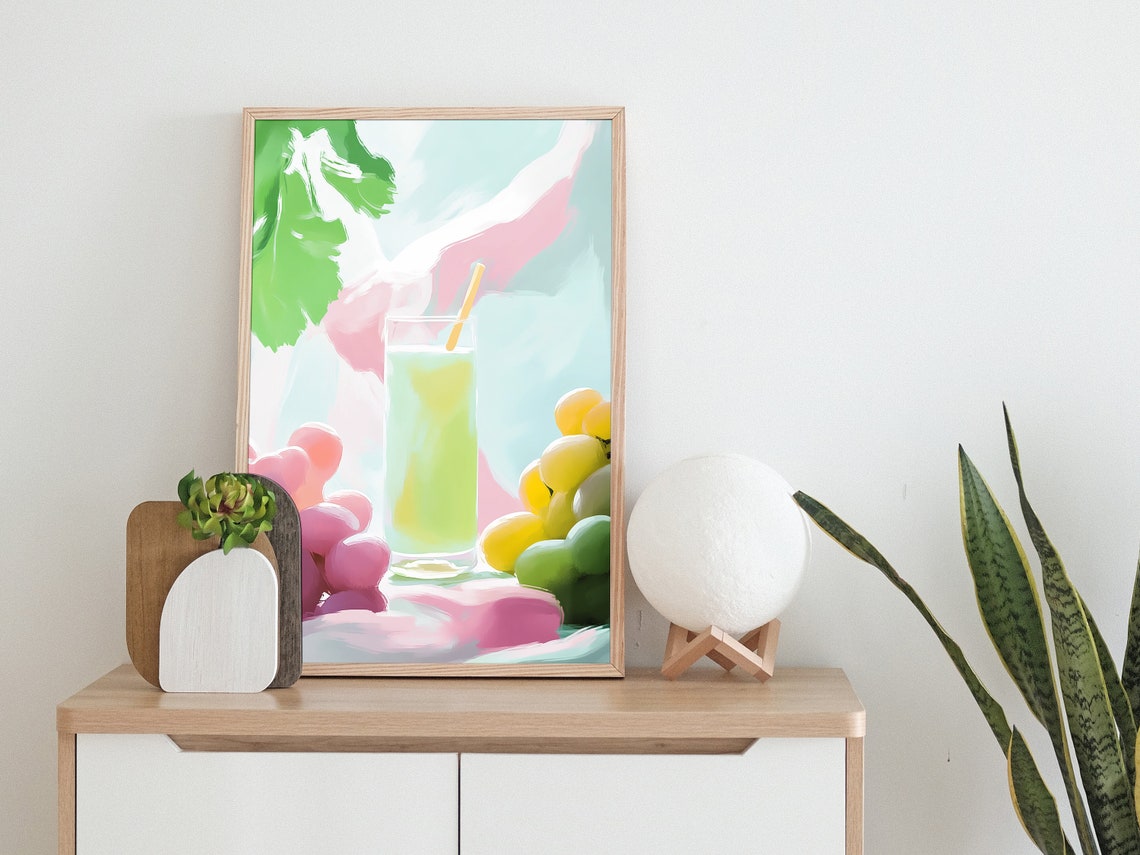 Fresh Lemon Juice Glass With Grapes Kitchen Still Life Poster - Image 2