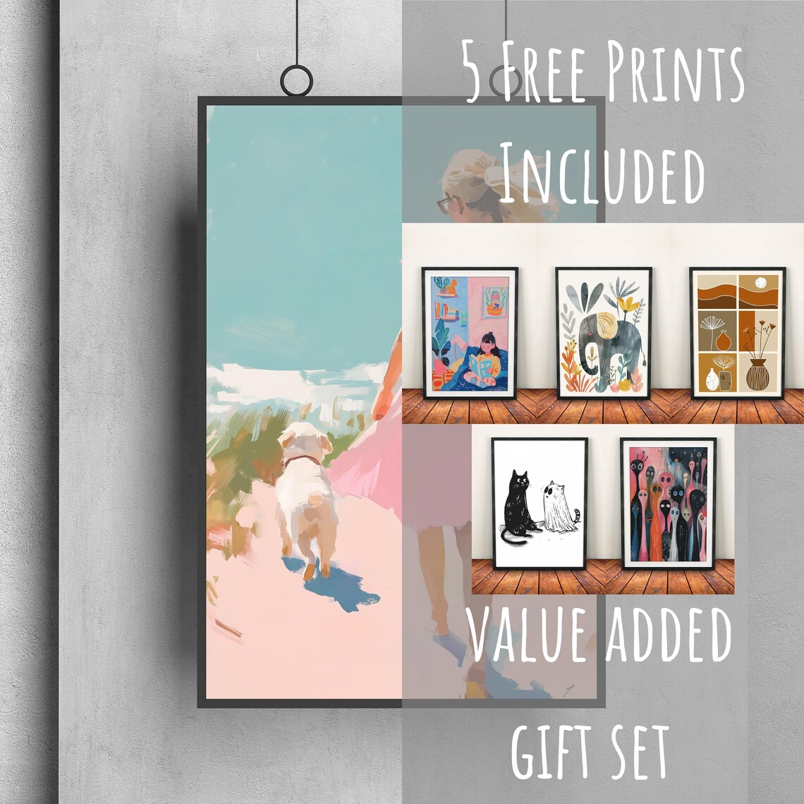 Blonde Girl In Pink Dress Walking White Dog On Pink Beach Poster - Image 3
