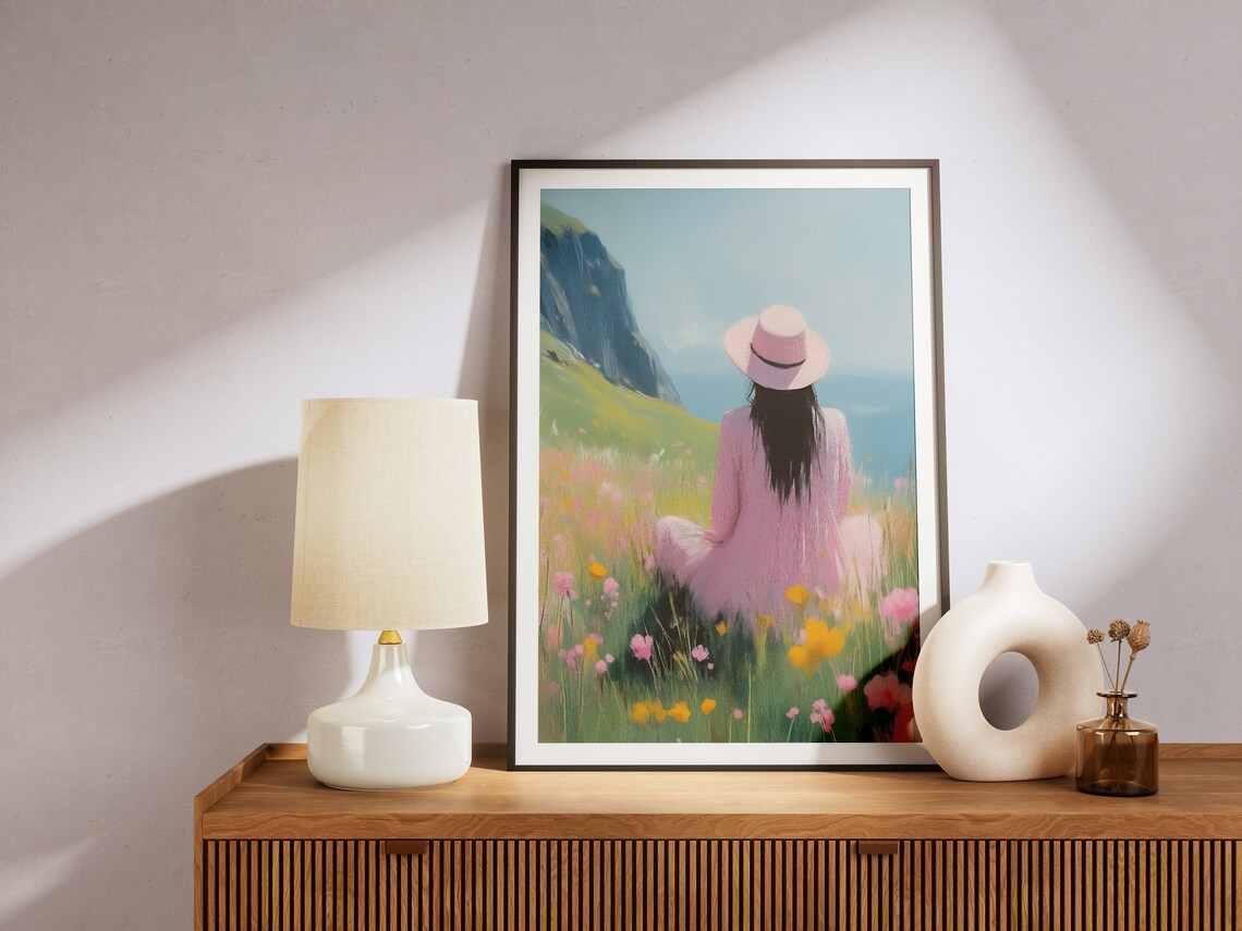 Woman In Pink Dress Gazing At Coastal Cliffs Wildflower Poster - Image 4