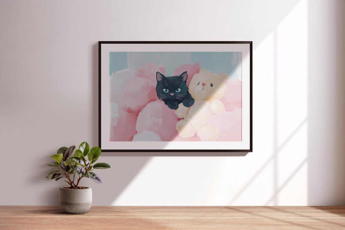 Black Kitten Cuddling Teddy Bear Pastel Pink Nursery Kawaii Art Poster - Image 3