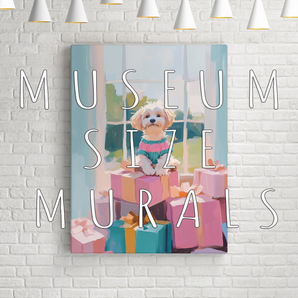 Fluffy Puppy In Striped Sweater On Gifts By Bright Window Print - Image 3