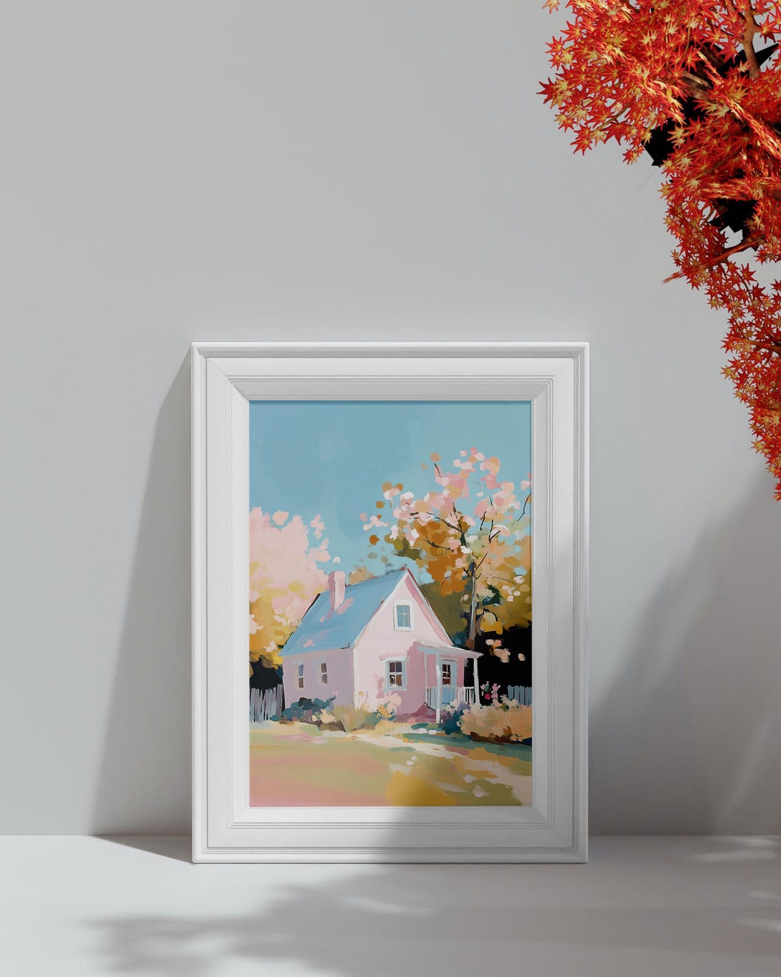 Pink Cottage With Blue Roof Cherry Blossoms Pastel Wall Art Print - Image 4