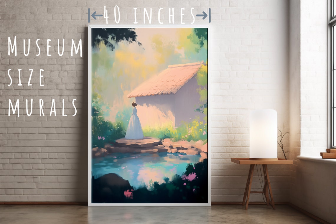 Pastel Woman in White Dress by a Pond Near a Stone Cottage Art Poster - Image 5