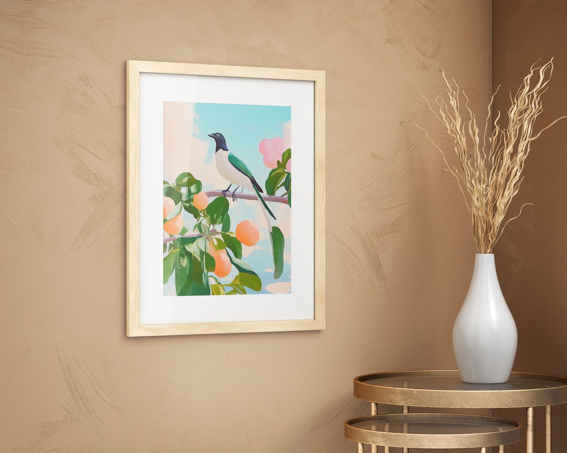 Colorful Bird on Apricot Branch Teal Winged Songbird Art Poster - Image 2