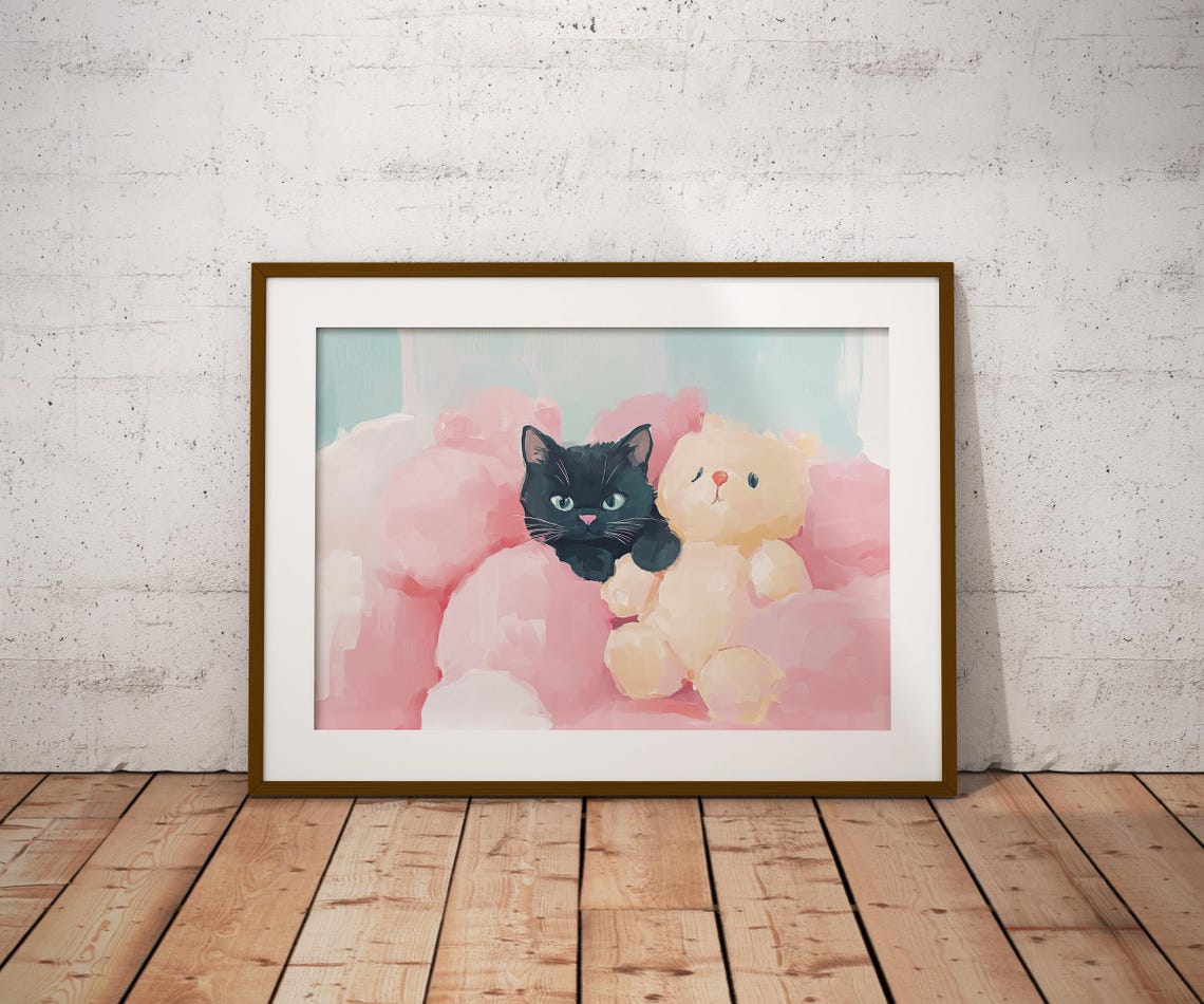 Black Kitten Cuddling Teddy Bear Pastel Pink Nursery Kawaii Art Poster - Image 2