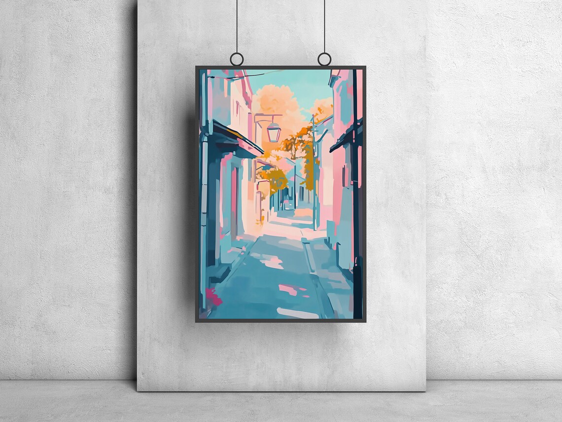 Dreamy Pastel Alley With Vintage Lamp Post Old Street Art Poster - Image 2