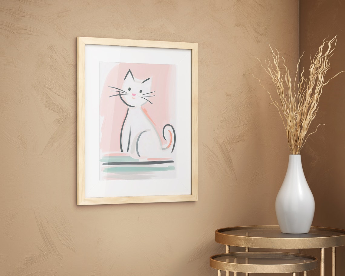 Minimalist White Cat Line Art Cute Pink Kitten Nursery Poster - Image 2