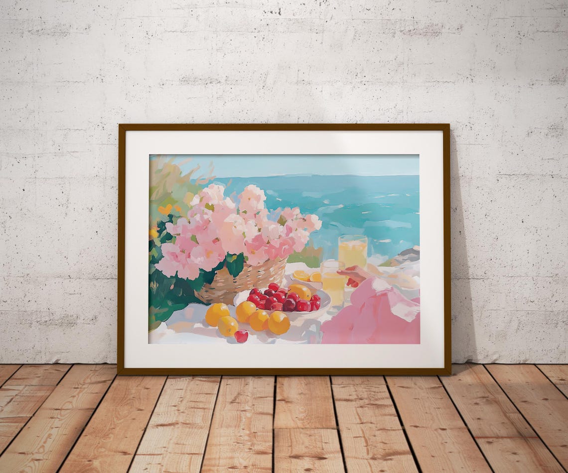 Seaside Picnic Hydrangeas Lemons Turquoise Ocean View Wall Art Print - Image 2