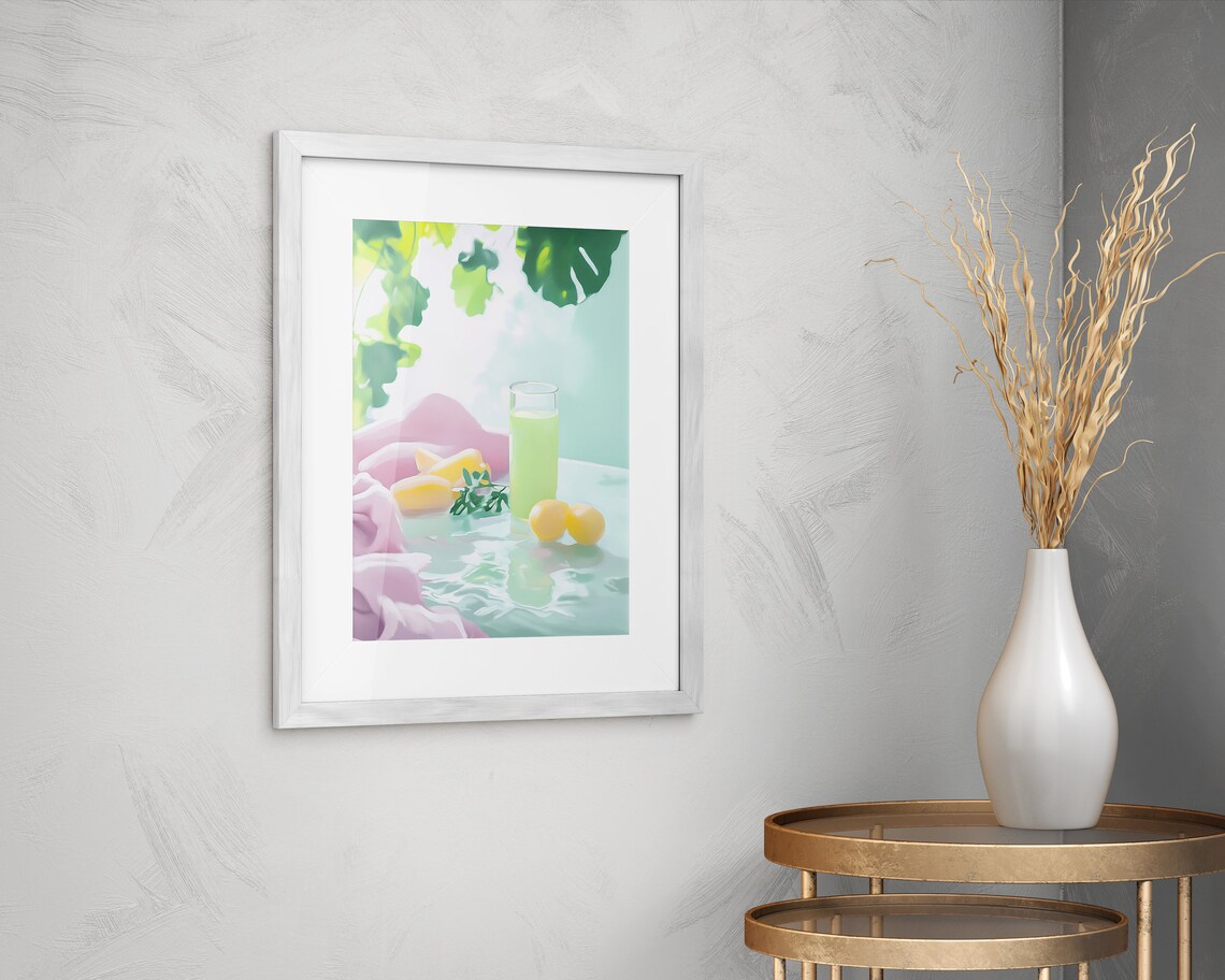 Fresh Lemon Juice Glass with Lemons Tropical Leaves Pastel Kitchen Poster - Image 2