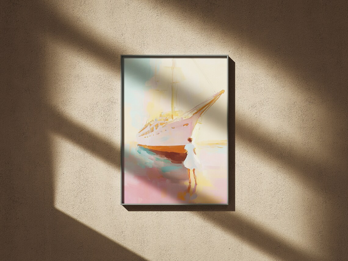 Tall Sailing Ship with Woman on the Beach Maritime Sunset Art Poster Print - Image 2