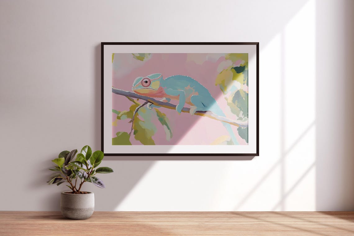 Blue Pink Chameleon Branch Pastel Reptile Portrait Wildlife Poster - Image 3