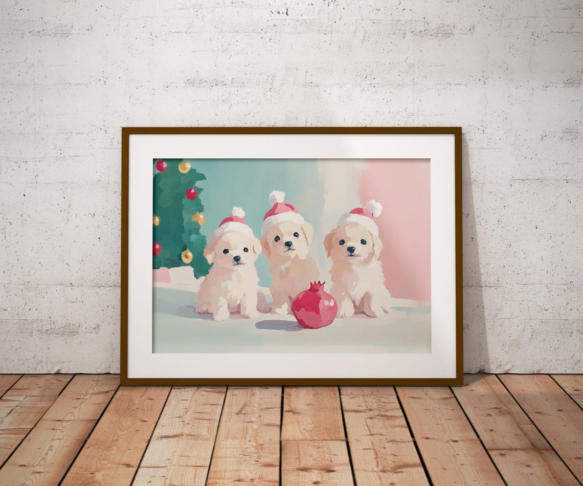 Three White Puppies Pink Santa Hats Christmas Tree Holiday Wall Art - Image 2