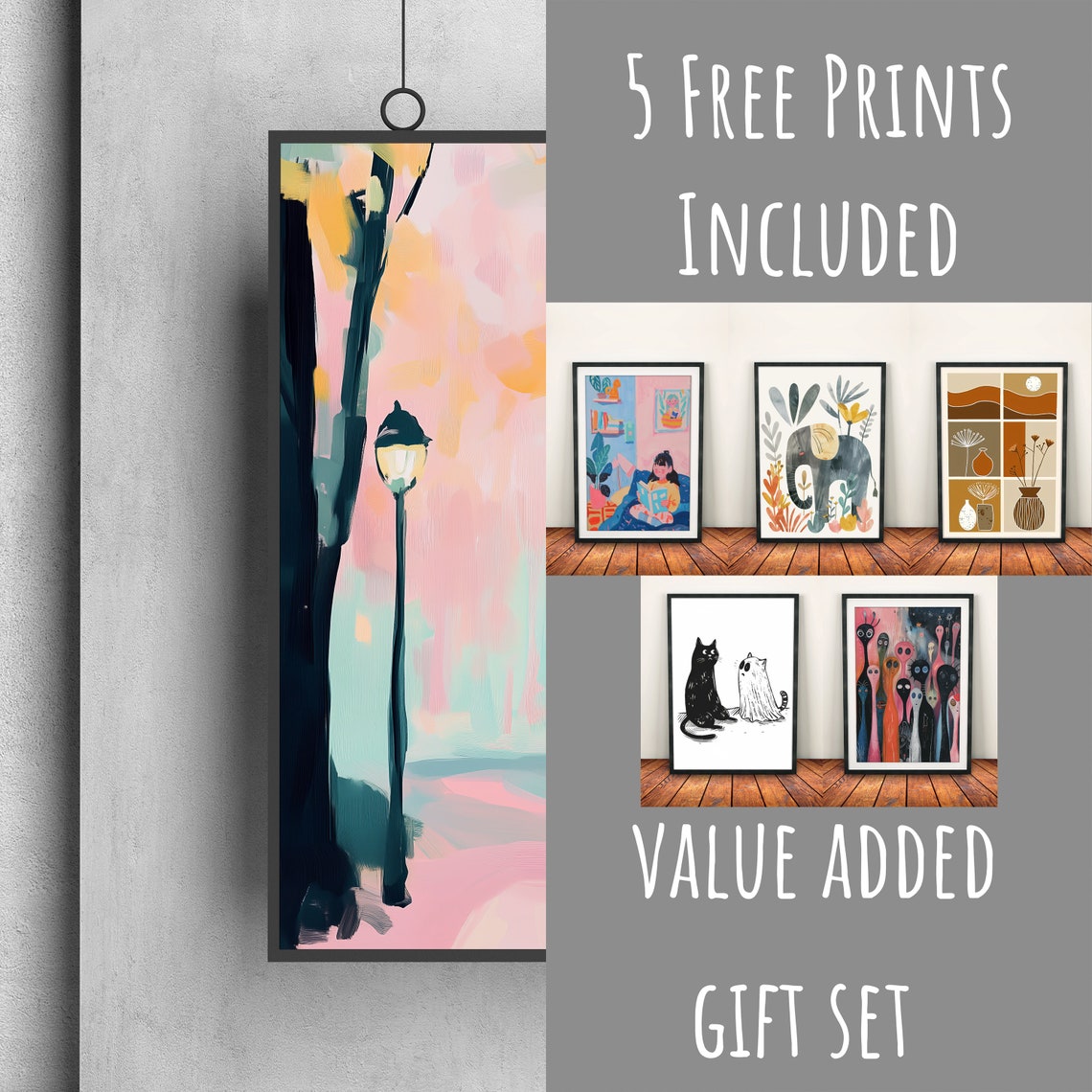 White Cat on Park Path Lamppost Pastel Blossom Night Wall Art Print - Image 3