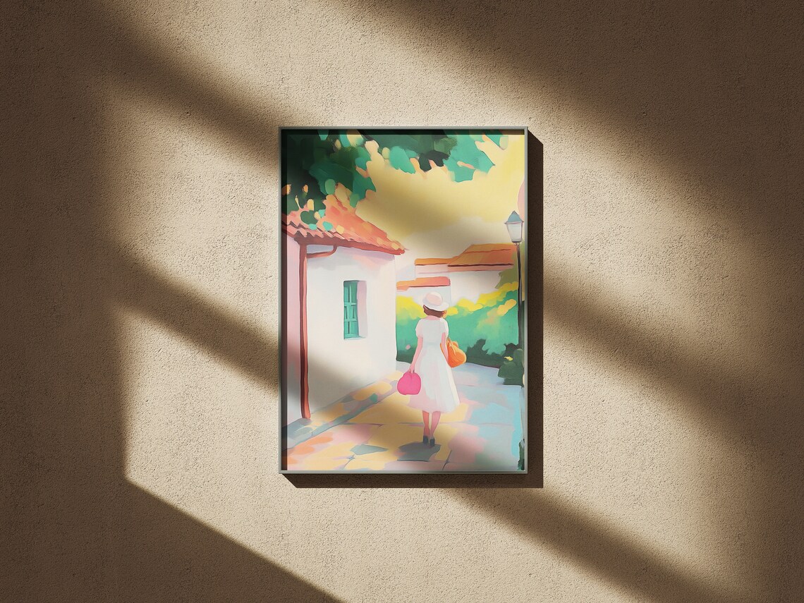 Woman Strolling Sunny Mediterranean Village Street Travel Poster - Image 4