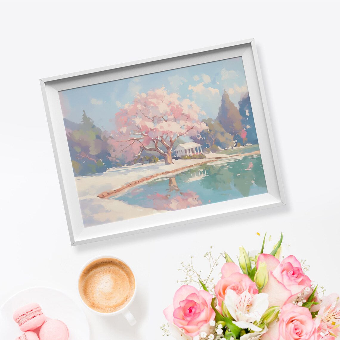 Cherry Blossom Tree Lake Reflection White Gazebo Snow Spring Landscape Poster - Image 5