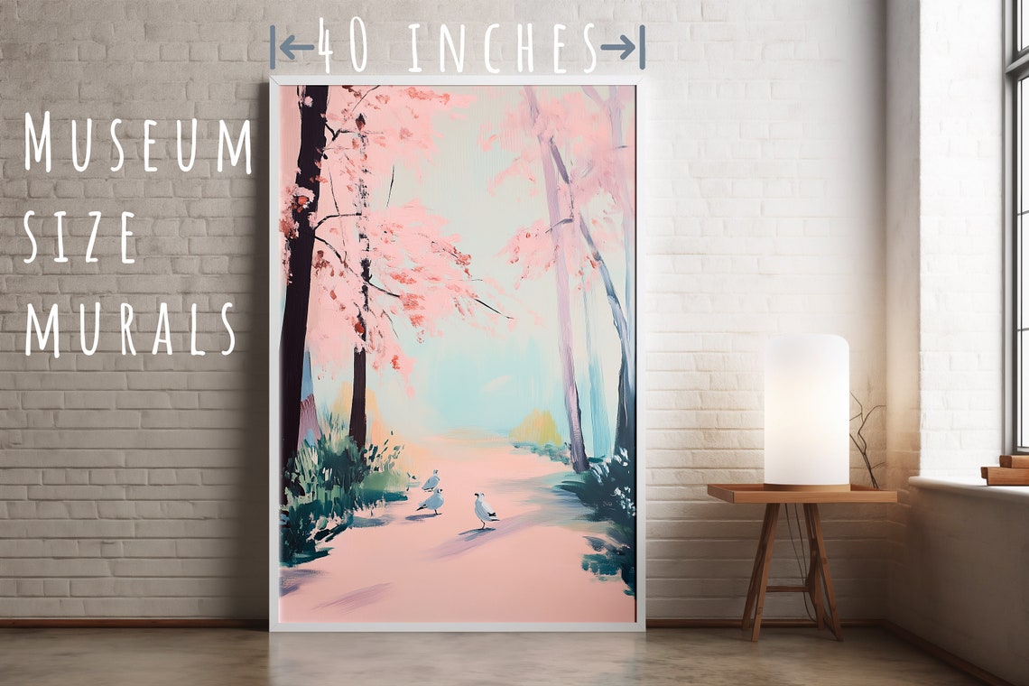 Cherry Blossom Trees Pink Path Seagulls Spring Coastal Art Poster - Image 5
