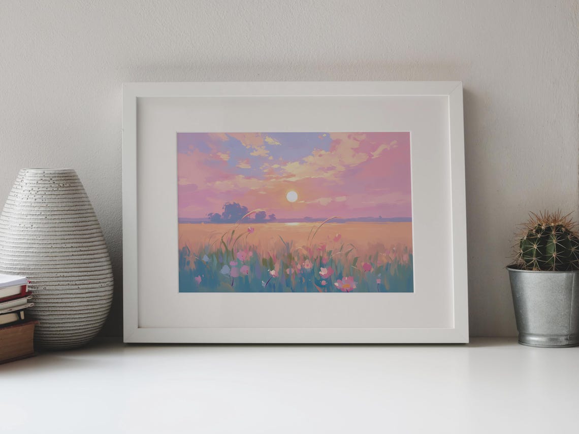 Sunrise Wildflower Meadow Pink Pastel Sky Morning Sun Landscape Poster - Image 4