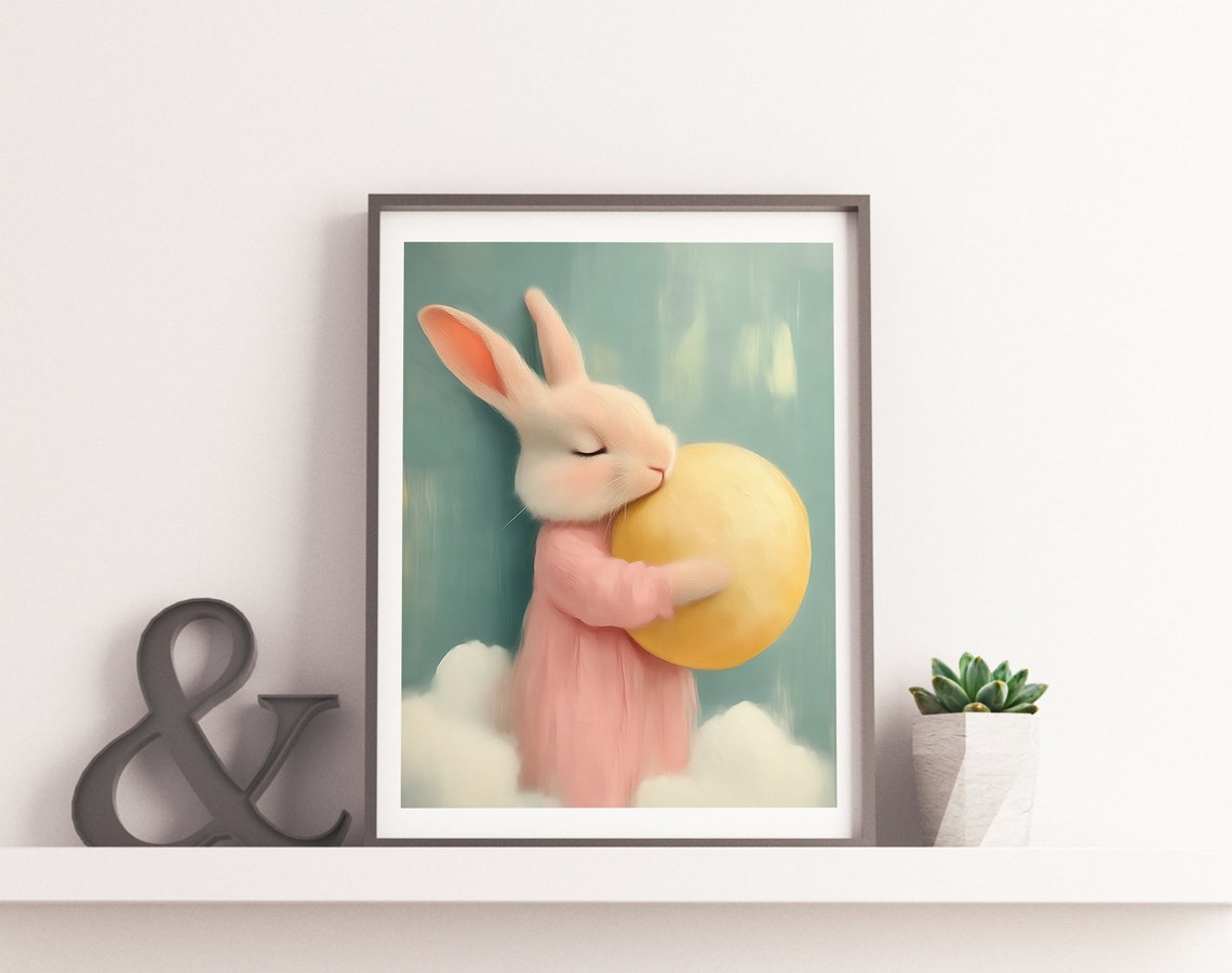 Cute White Bunny Hugging Yellow Ball Soft Pastel Nursery Art Poster - Image 2