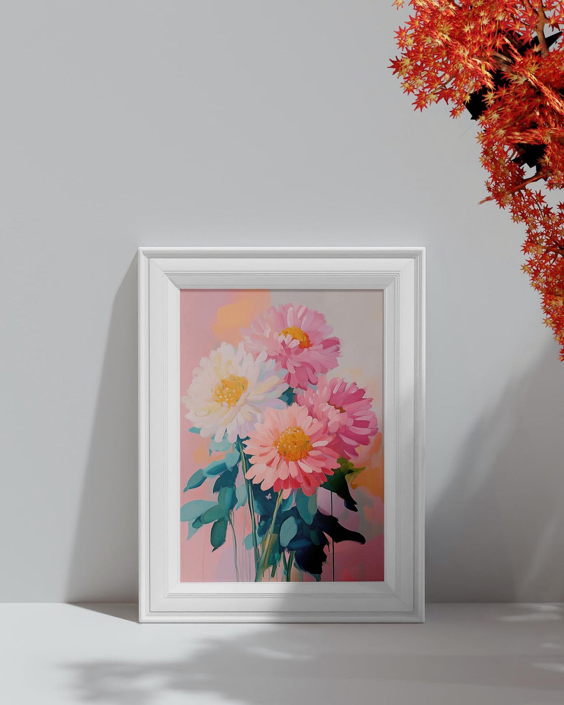Pink White Daisy Cluster Teal Leaves Blush Floral Wall Art Poster - Image 4