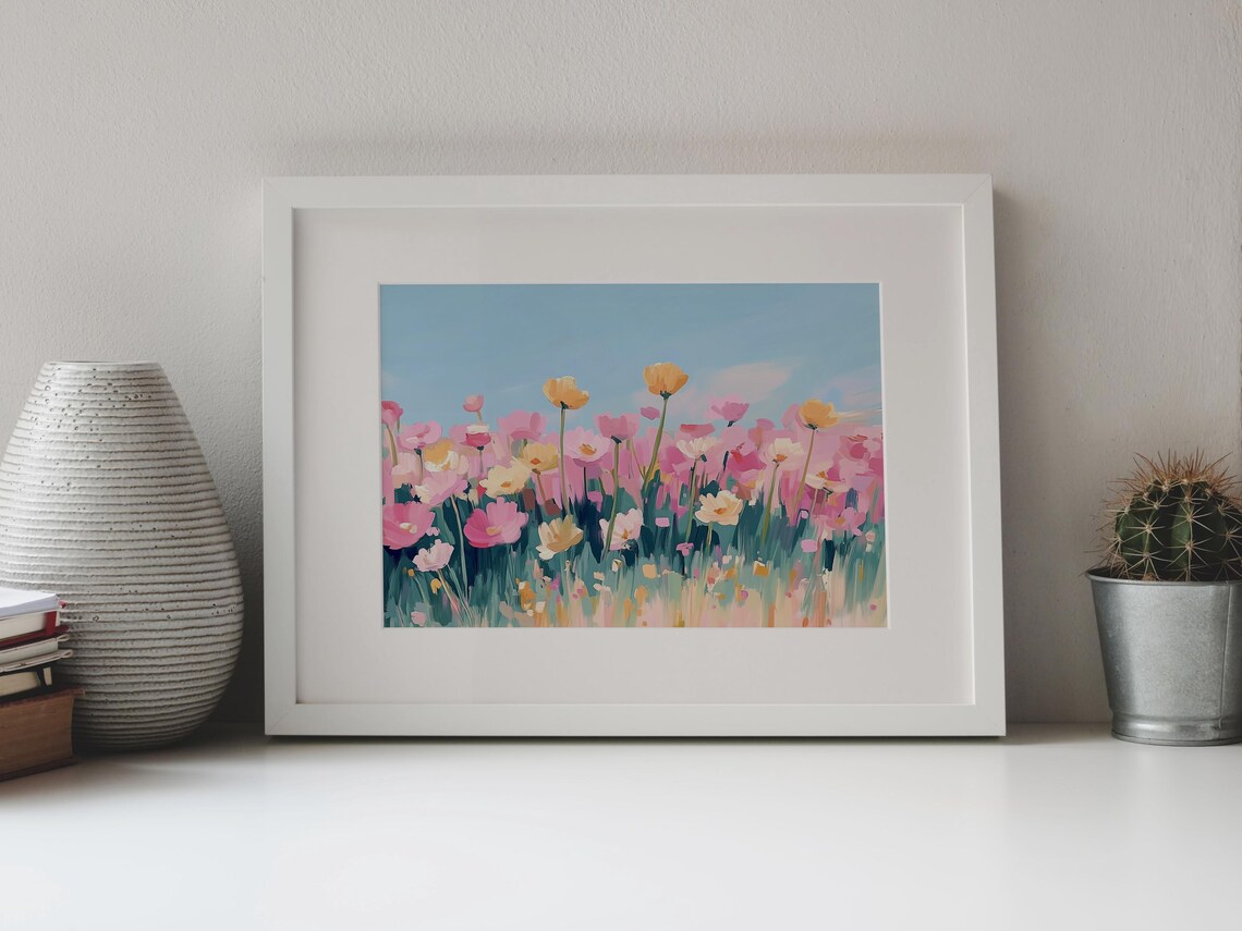Wild Poppies Field Pink Yellow Blossoms Blue Sky Pastel Painting Poster - Image 4