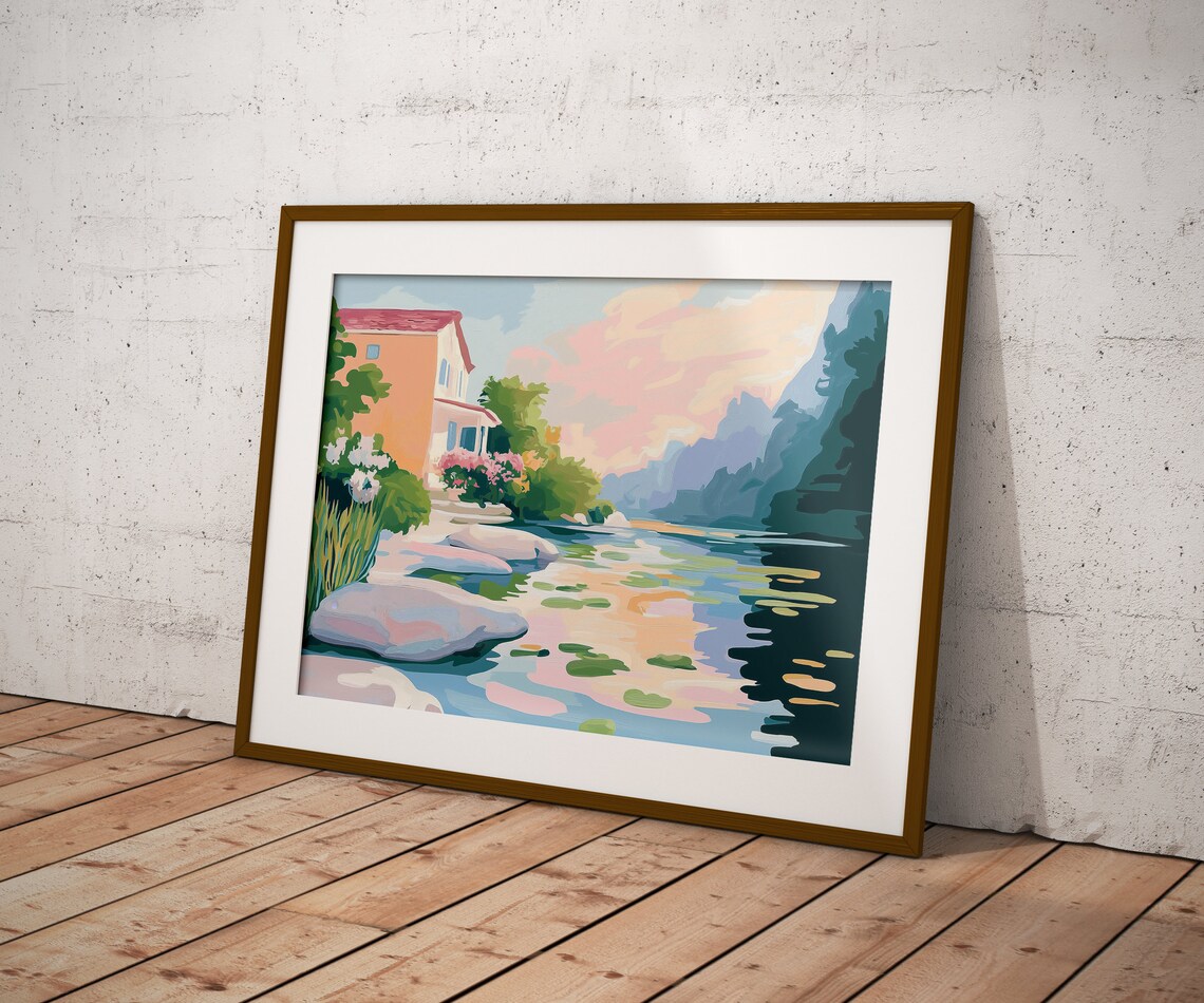 Lakeside House With Lily Pads Stepping Stones Peaceful Art Poster - Image 4
