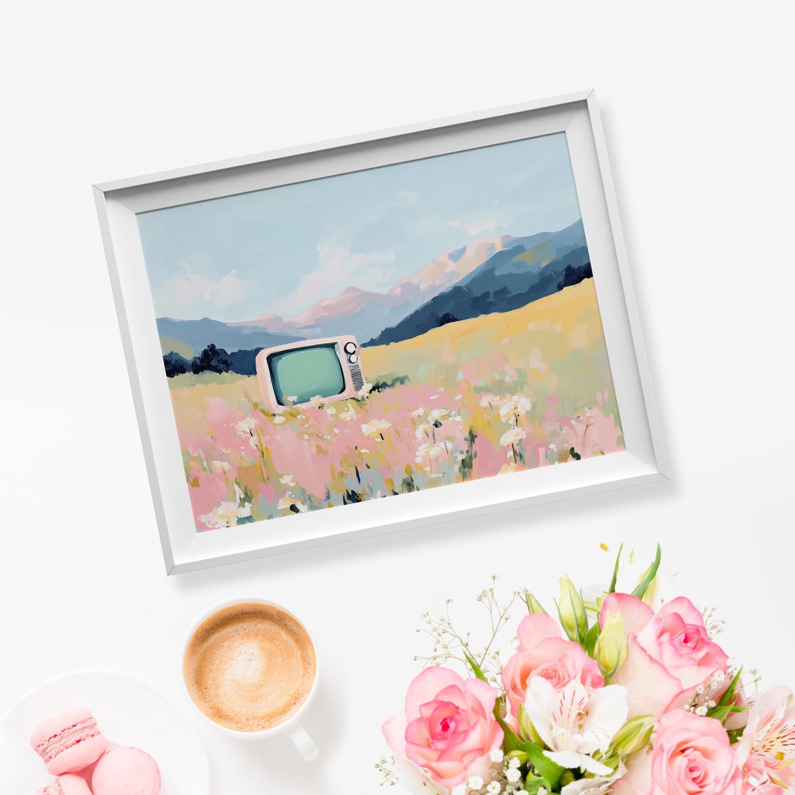 Pastel Tv In Nature Art Tv In Flowers Painting Soft Pastel Flowers Tv In Flowers Decor Pink Flower Painting Alps Watercolor Wall Art - Image 5