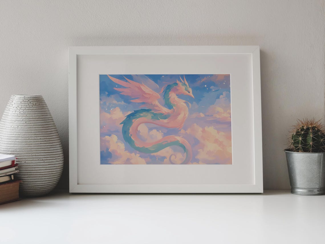 Pastel Cloud Dragon Soaring Pink Teal Sky Fantasy Creature Art Poster - Image 4