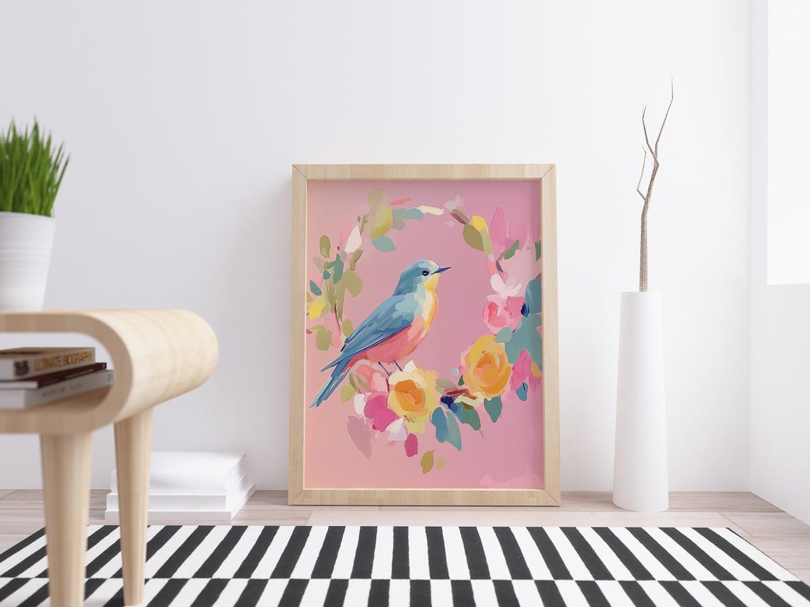 Blue Bird On Floral Wreath Yellow Roses Pastel Spring Art Print - Image 4