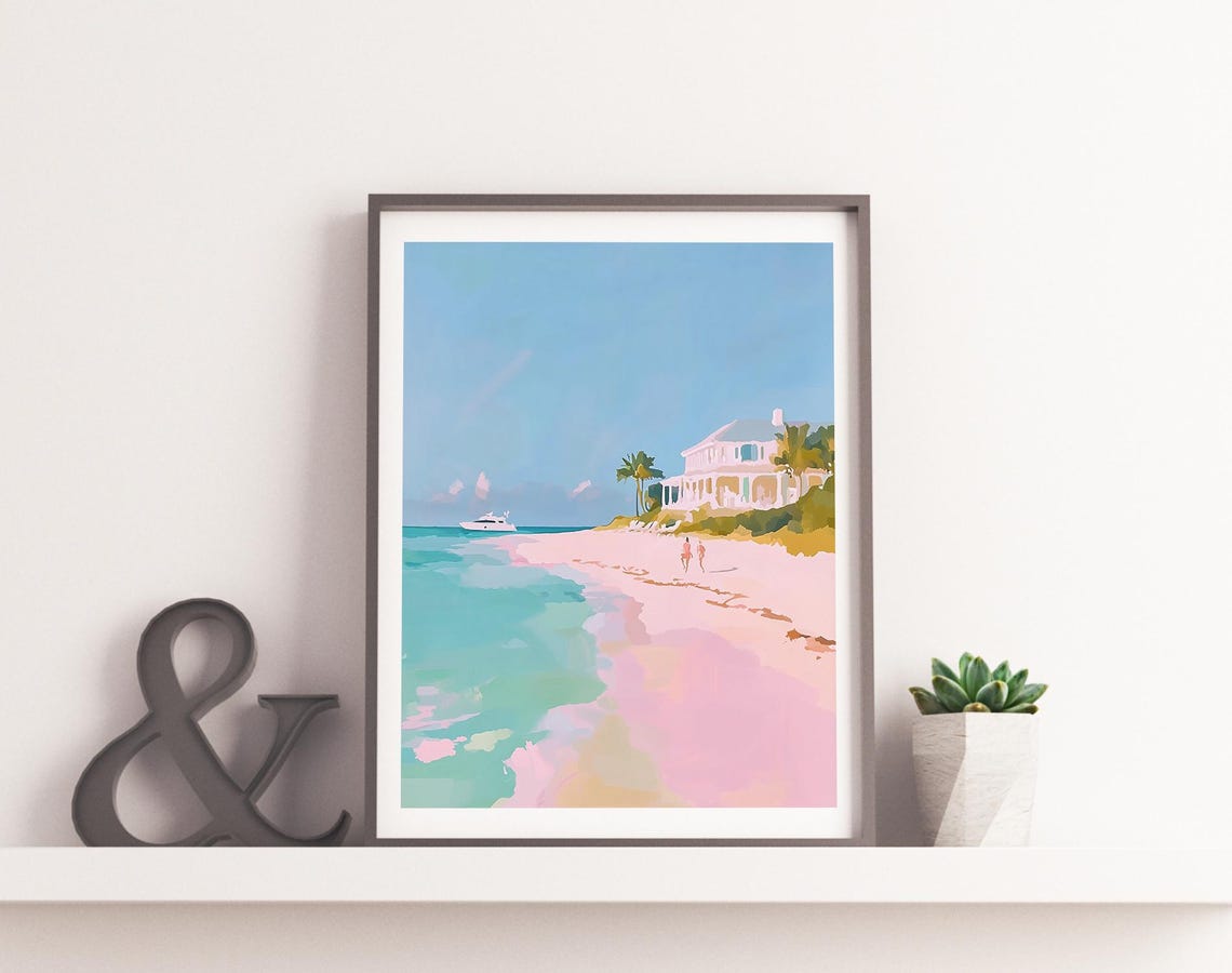 White Beach Villa Palm Trees Turquoise Water Pink Sand Seaside Poster - Image 2