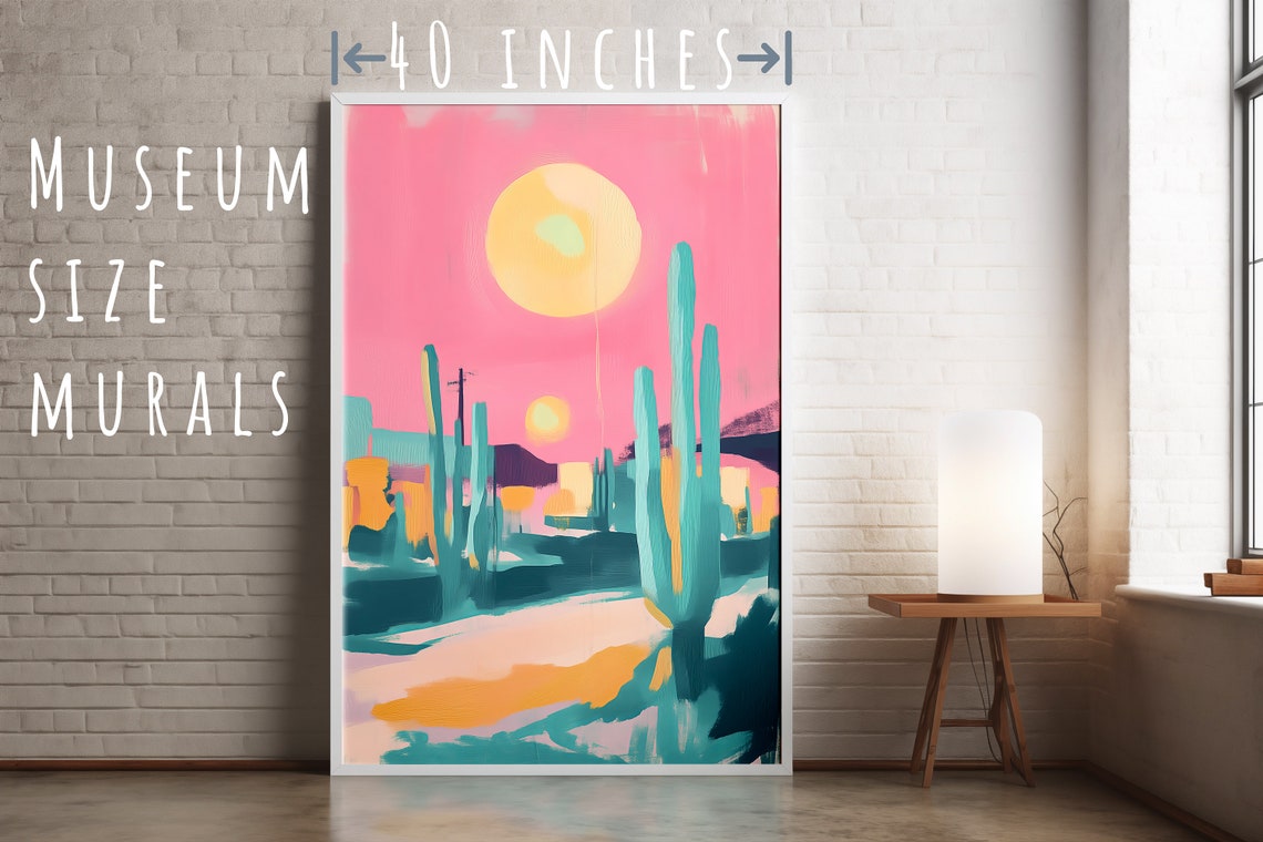 Abstract Desert With Twin Suns Teal Saguaro Modern Art Poster - Image 5