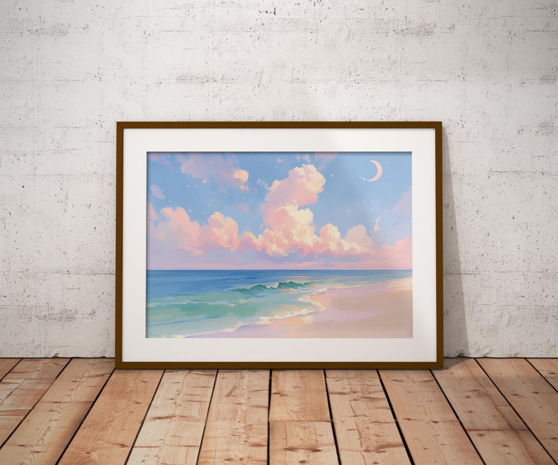 Pastel Beach Twilight Pink Clouds Crescent Moon Turquoise Waves Poster - Image 2