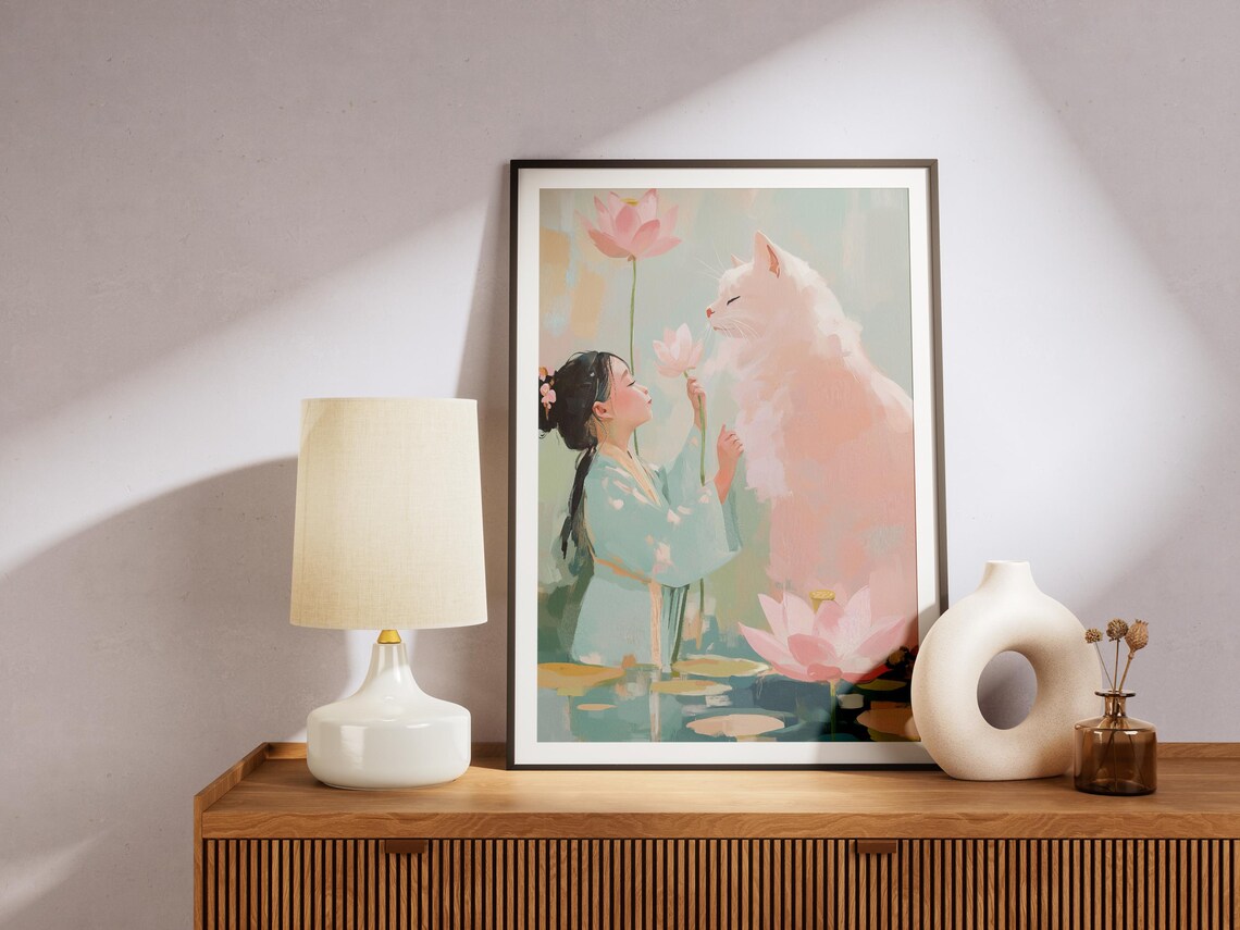 Girl And Giant White Cat Among Pink Lotus Pastel Chinoiserie Print - Image 4