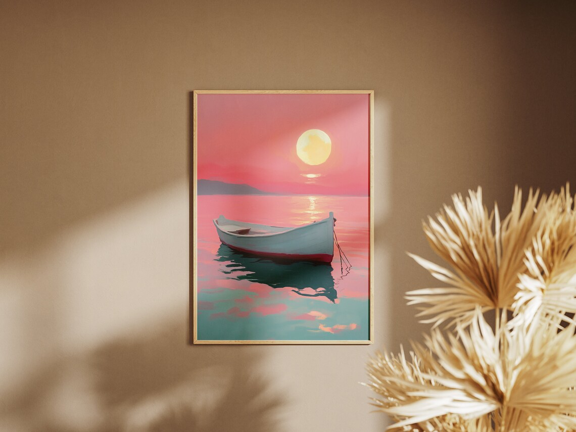 White Rowboat on a Pink Sunset Sea Peaceful Ocean Wall Art Poster Print - Image 2